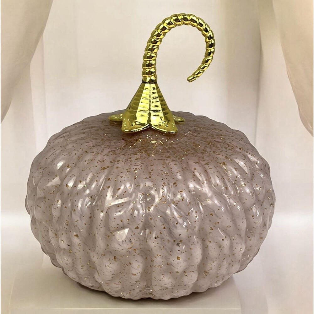 Cupcakes And Cashmere Hand Blown Glass Pumpkin Pink Gold Flecked Metal Stem 6.5”